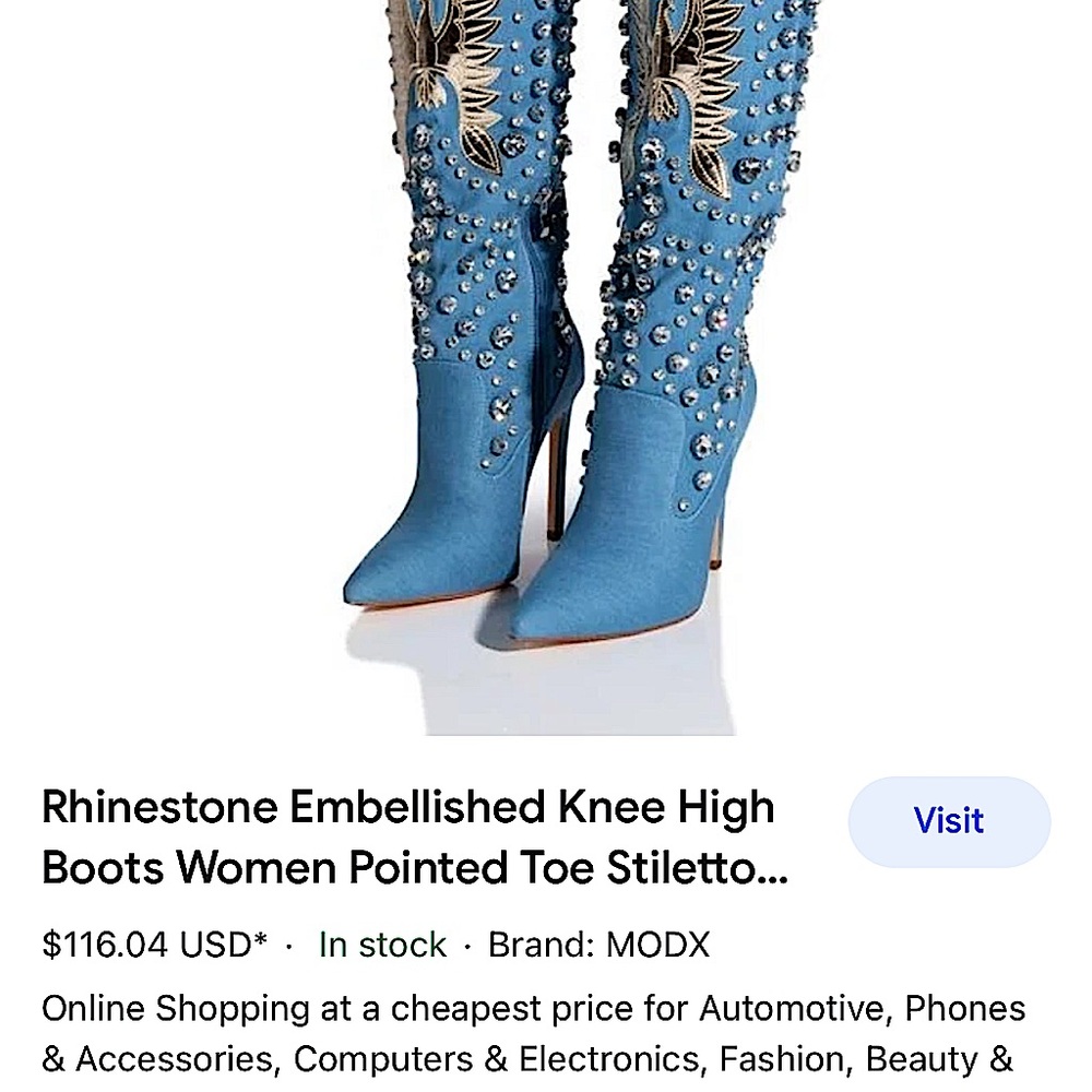 Rhinestone Embellished Knee High
Boots Women Pointed Toe Stiletto